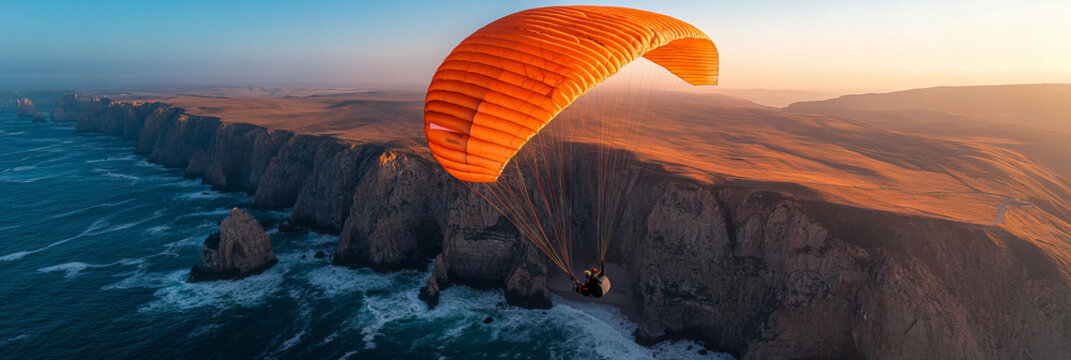 Bright Orange Paraglider Soaring Over a Majestic Coastal Cliffside in the Golden Light of a Serene Sunset, Emphasizing Freedom and Adventure