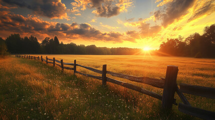 Fototapeta premium Golden Hour Sunset Over Rustic Fence and Field
