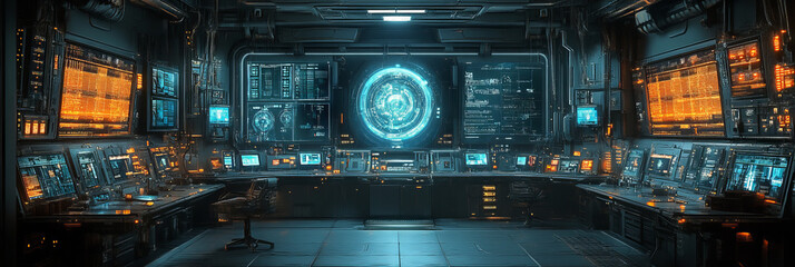 Advanced control room filled with high-tech monitors and holographic displays emitting blue and orange lights in a dark setting