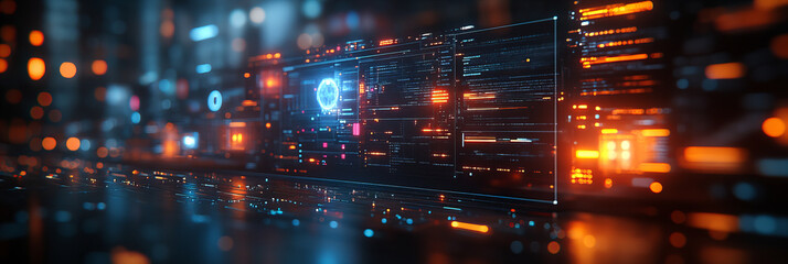 High-tech digital interface displaying futuristic holographic data and networks on a dark background with neon blue and orange accents