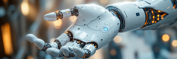 Close-up of Futuristic Robotic Arm with White and Silver Sleek Design, Illuminated Details, and Modern Tech Ambiance in Studio Background