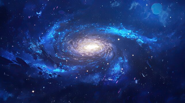 Anime rendering of a stunning galaxy scene with the Milky Way spiral arms vividly illuminated against a dark, cosmic backdrop