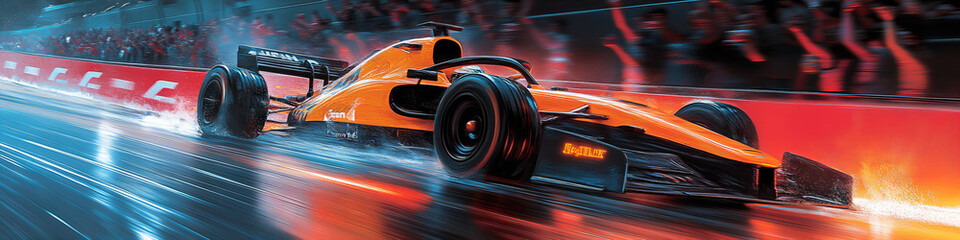 Fototapeta premium Formula one car racing at high speed in wet conditions on a lit track, vibrant orange and cool blue colors, creating an exciting and dynamic atmosphere