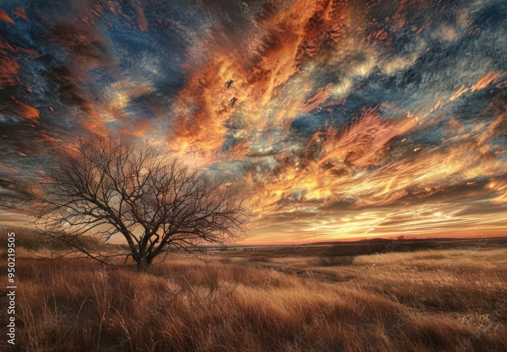 Sticker Fiery Sunset over a Lone Tree