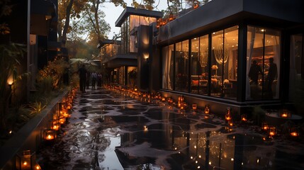 candles are lit in the rain outside of a house