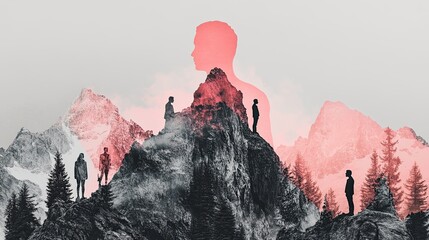 Minimalist collage of human figures blending with nature featuring monochrome tones and vibrant hues for a stunning contrast