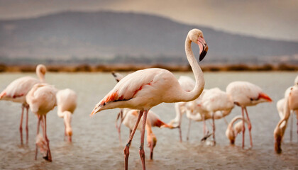 Group of flamingos in wetland at sunrise.