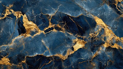 Fototapeta premium Intricately veined marble with rich hues of gold and deep blue, smooth polished finish, creating an elegant background texture for modern designs