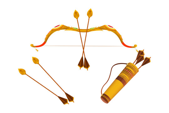 Vector illustration of golden decorated bow and arrow weapon on transparent background