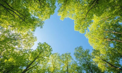 Fototapeta premium Serene Forest Canopy View with Sunlit Leaves and Clear Blue Sky at Midday in Summer
