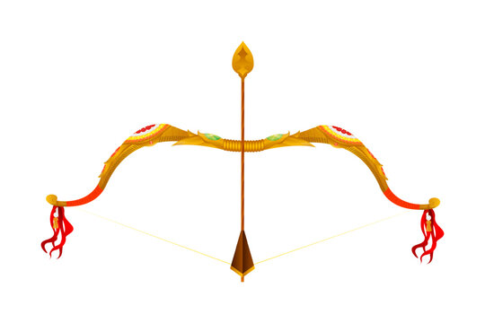 Vector illustration of golden decorated bow and arrow weapon on transparent background