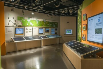 A modern exhibit showcasing innovative solar energy solutions. The interactive displays invite visitors to learn about sustainability and renewable energy. Generative AI
