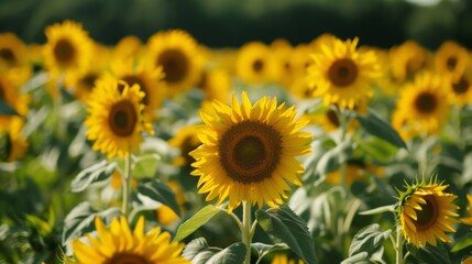 Obraz premium Magnificent sunflowers facing the sun in a vast field