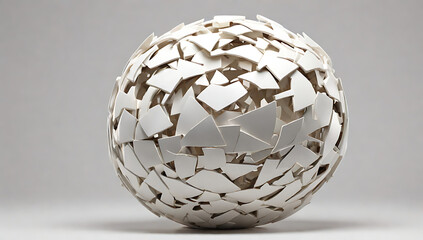A 3D sculpture of a fragmented, abstract sphere with sharp, jagged edges and smooth, polished surfaces, rendered in white against a white background, representing the tension between chaos and order i