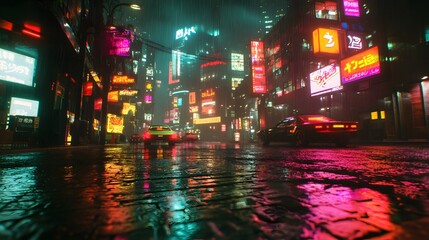 Obraz premium A detailed 3D rendering of a cyberpunk city at night with neon lights and wet pavement