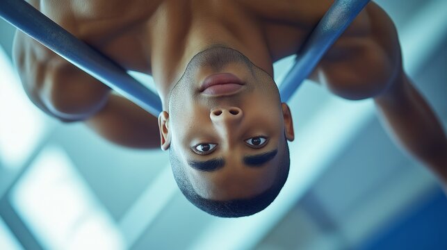 A male gymnast performing a handstand on parallel bars, showcasing defined muscles and a focused expression against a blurred gym background
