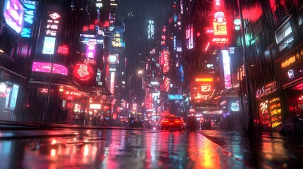 A detailed 3D rendering of a cyberpunk city at night with neon lights and wet pavement