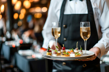 Obraz premium Waiter in a formal uniform carrying a tray with drinks and appetizers, serving guests at an elegant restaurant.