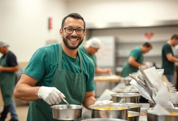 Volunteer at a soup kitchen with a humble grateful smile