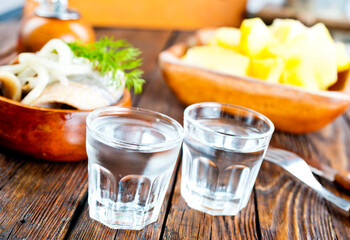one empty second vodka-filled glass surrounded by a snack with herring and onions