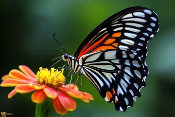 Obraz premium Butterfly delicately perched on a flower, captured in a macro photo where the vibrant colors of the wings contrast beautifully with the petals
