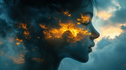 a woman face and clouds double exposure
