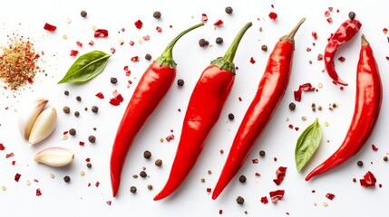 A high-contrast image featuring bright red chili peppers, both whole and sliced, with scattered seasonings like garlic and onion powder on a plain white background.