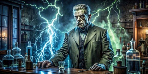 Frankenstein's monster coming to life in a gothic laboratory during a lightning storm, Frankenstein, monster, lightning