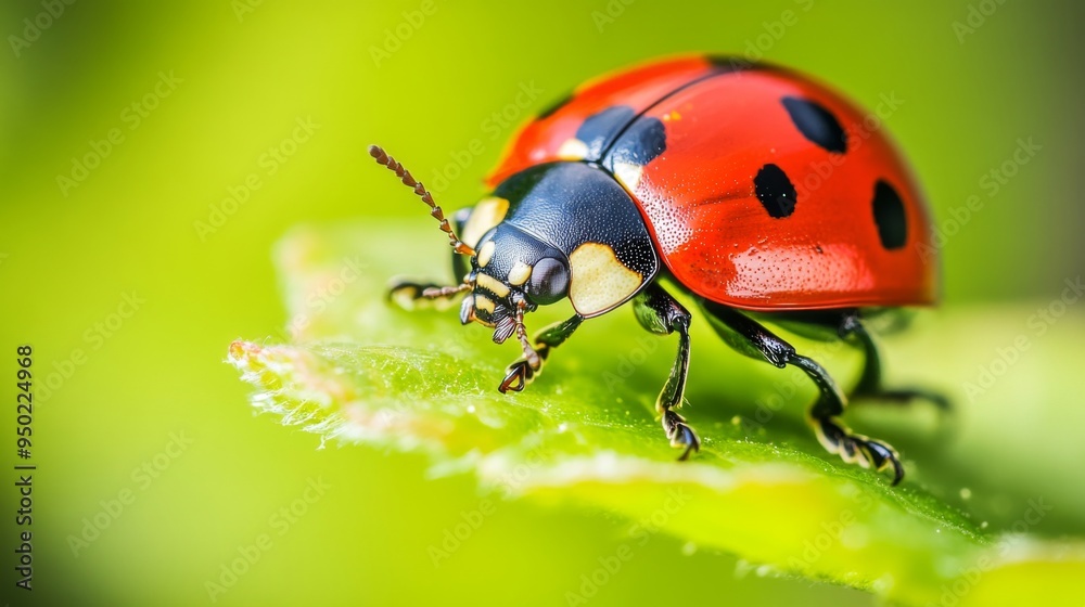 Poster a high-detail close-up of a ladybug on a leaf, focusing on its bright red shell and small black spot