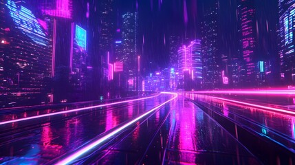 Fototapeta premium A futuristic city at night with neon lights casting reflections on rain-soaked roads