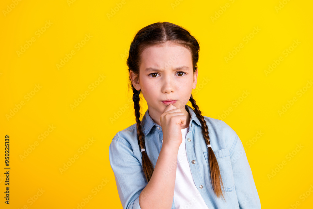 Wall mural Photo of smart clever pretty girl wear trendy denim clothes isolated on yellow color background