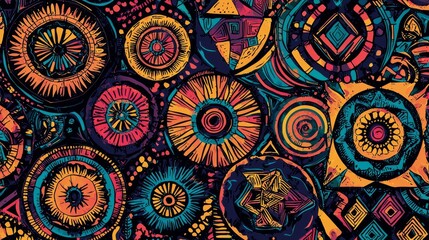 Hippie-style geometric patterns with colorful, hand-drawn shapes and designs