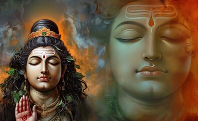 painting of god the shiva double exposure wallpaper mahashivratri poster background