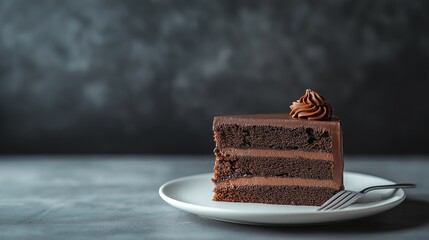 A slice of rich dark Belgian chocolate cake with layers of sponge and ganache on a white plate, accompanied by a fork against a minimalist background