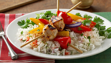 Grilled Chicken Skewers with Rice Salad.