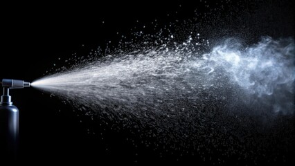 Fototapeta premium Realistic aerosol sprayer jet creating splash of water particles on black background , spray mist, atomizer, water droplets, mist
