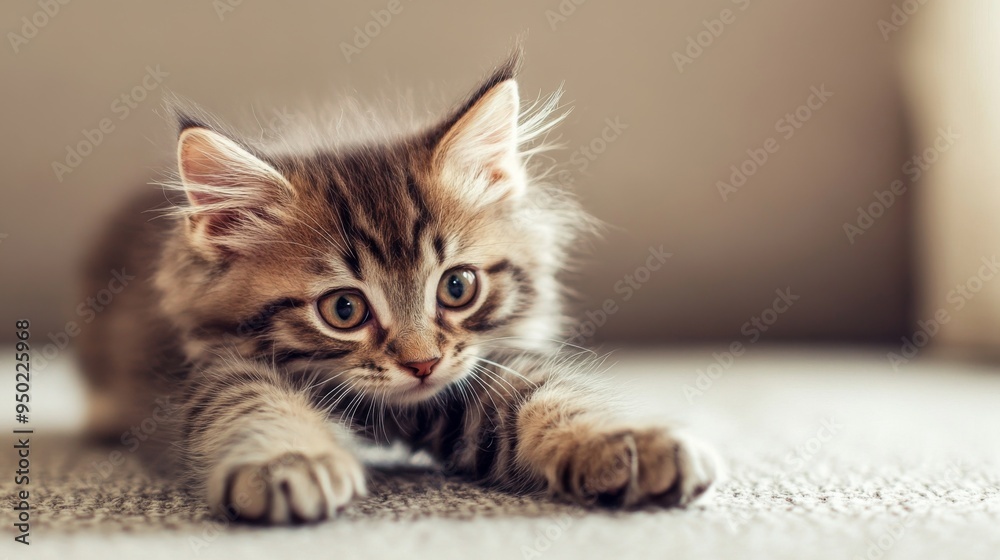 Poster a high-quality image of a kitten stretching out its little paws, with its fluffy body and playful at