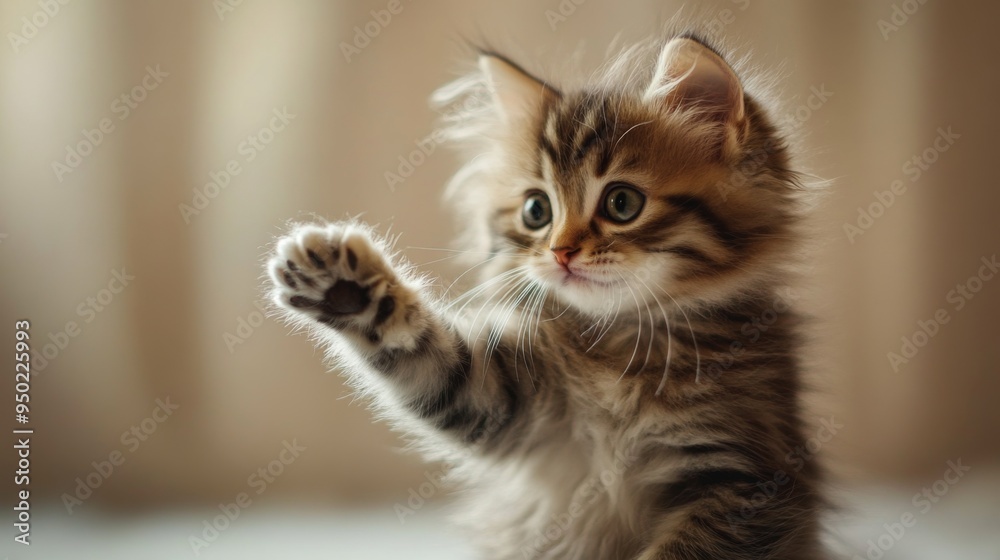 Poster a high-quality image of a kitten stretching out its little paws, with its fluffy body and playful at