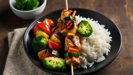 Grilled Chicken Skewers with Rice Salad.