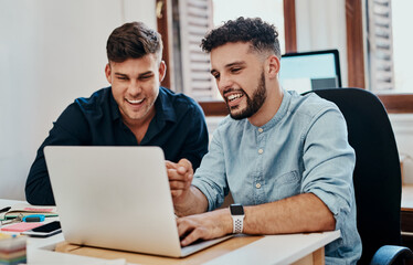 Funny, team and business men on laptop for brainstorming ideas or discussion at startup office. Collaboration, talking or creative writer on computer for comedy show script, joke and laughing at meme