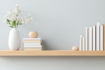 Modern Minimalist Neutral Bookshelf with Organized Books in Sleek Wood - Interior Design Concept for Contemporary Living Spaces