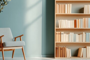 Modern Minimalism: Neutral Bookshelf with Organized Books in Sleek Wood Finish for Elegant Living Room Decor