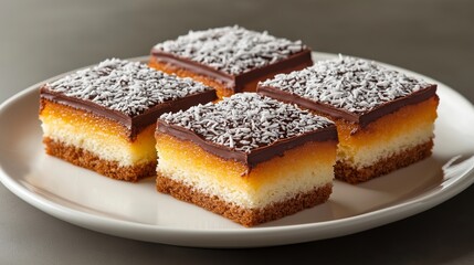 A traditional Australian lamington, featuring square sponge cake coated in chocolate and rolled in desiccated coconut, arranged on a white plate