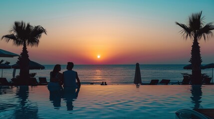 Fototapeta premium Couple on the beach at sunset, honeymoon travel, man and woman sitting near swimming pool.