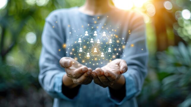 Customer service, IT support, Customer relationship management. Businessman holding customer network with data analysis, technology service icons.