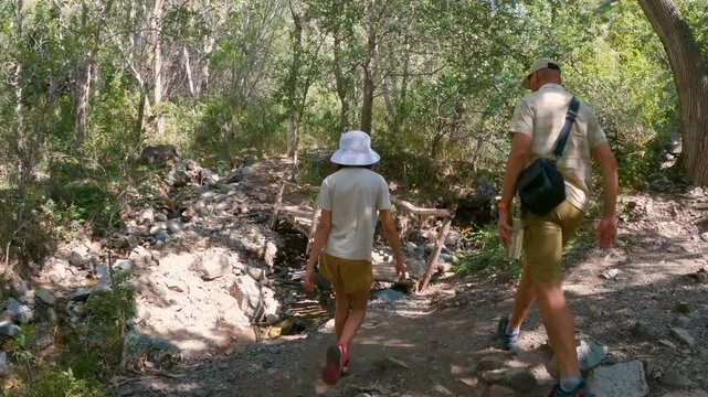 A father and his daughter take a walk outdoors. Tourists crossing a mountain river on a wooden bridge. Hiking in the mountains in summer