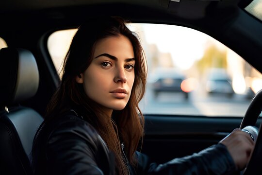 young woman with a serious expression wearing a black jacket adj
