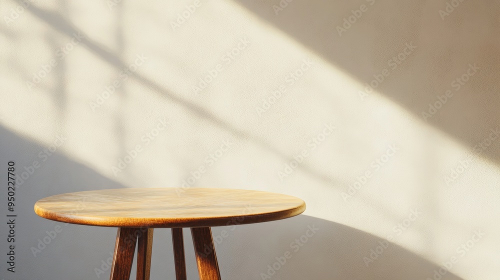 Poster minimalist low-angle of a yellow stucco table in a calm, sunlit room with bokeh, back-to-school them