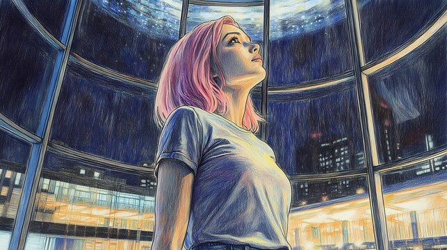 Woman gazing up at the night sky through a large window, illuminated by city lights.