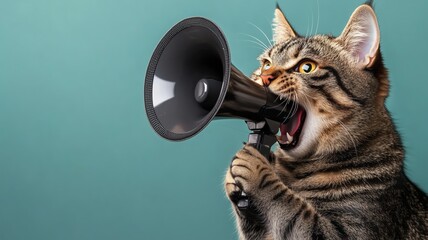 Cat holding a megaphone in its paws and shouting into it, set against a solid background. The scene humorously suggests an announcement of discounts and promotions at a pet store.
